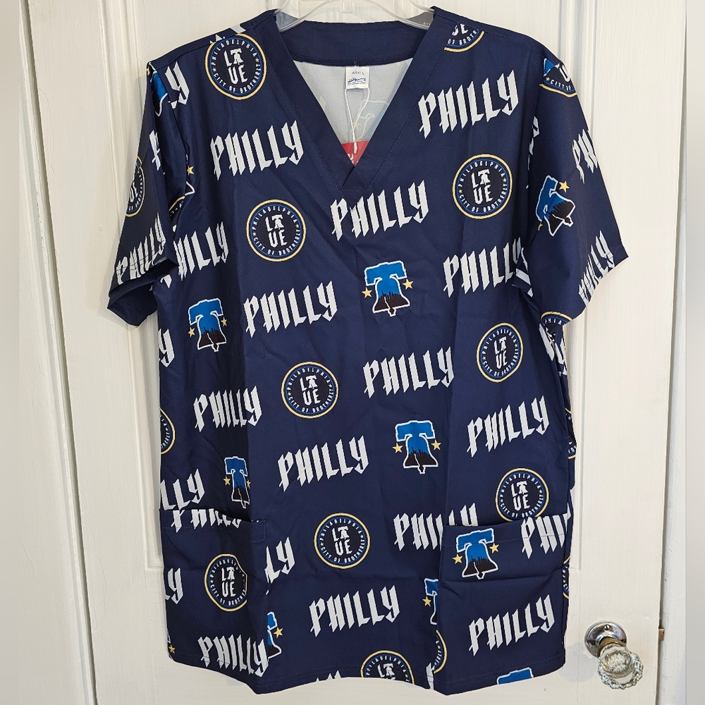 NWT Philadelphia Phillies 2025 Philly Connect Adult Large Scrub Top Temple MLB